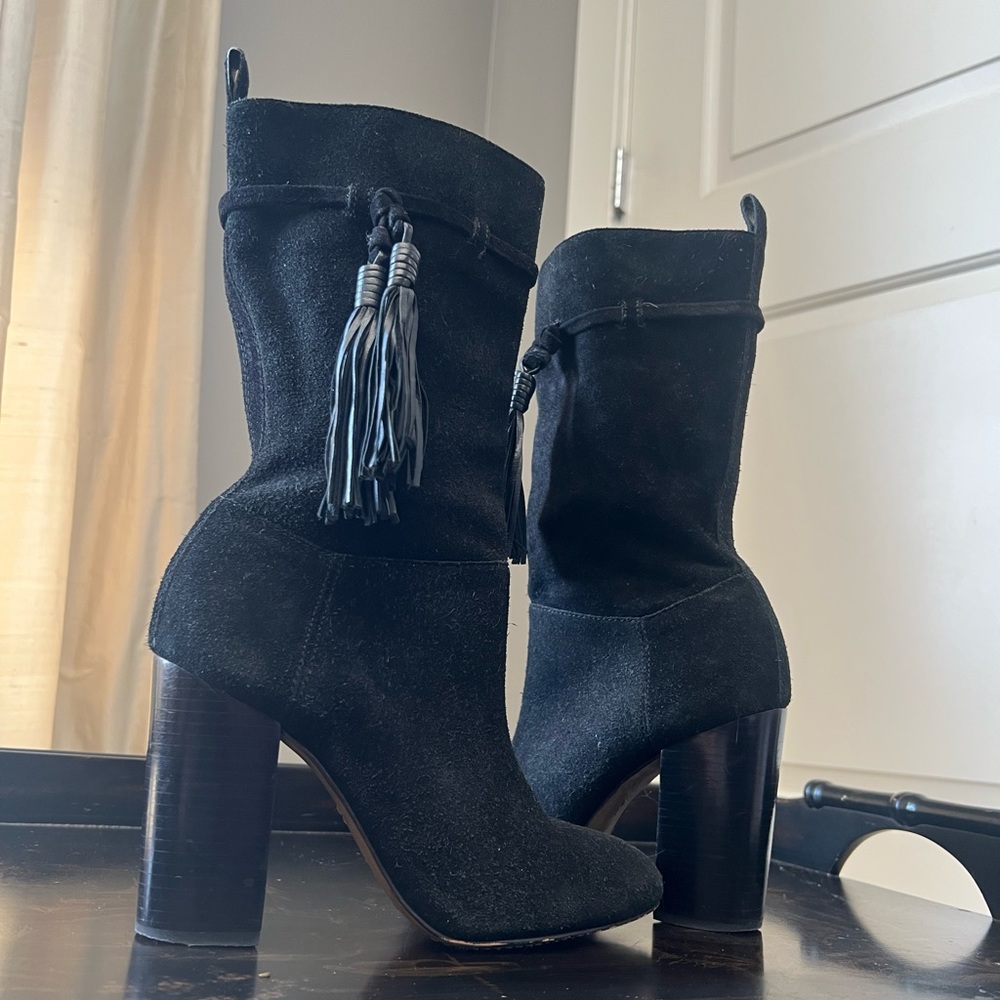 Vince Camuto mid calf black suede booties with tassel